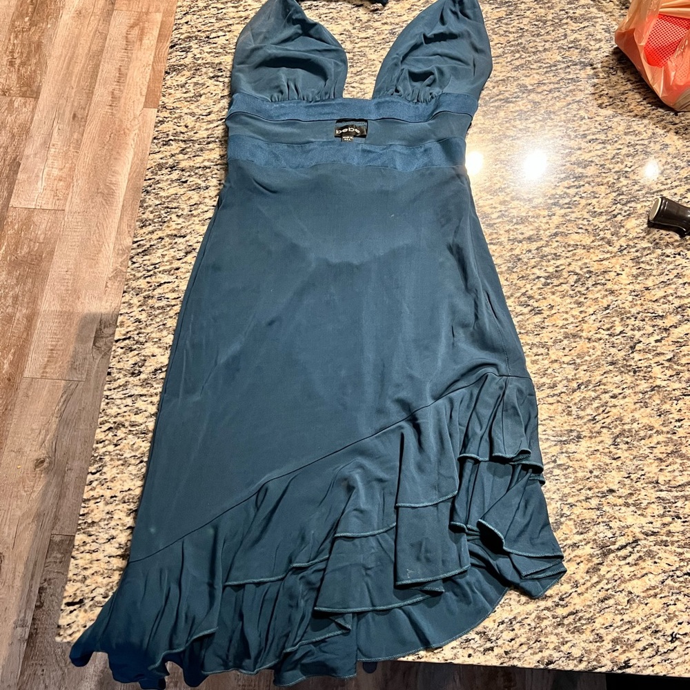 Halter, jade mini dress.